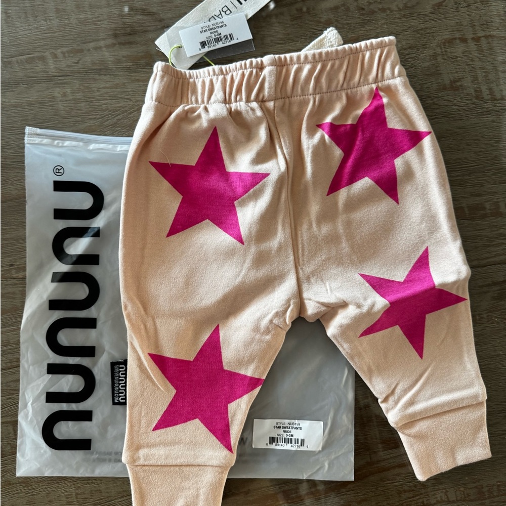 Nununu Kids Joggers with Pink Stars NWT 0-3 months. Part of a 2 piece set - Picture 5 of 9